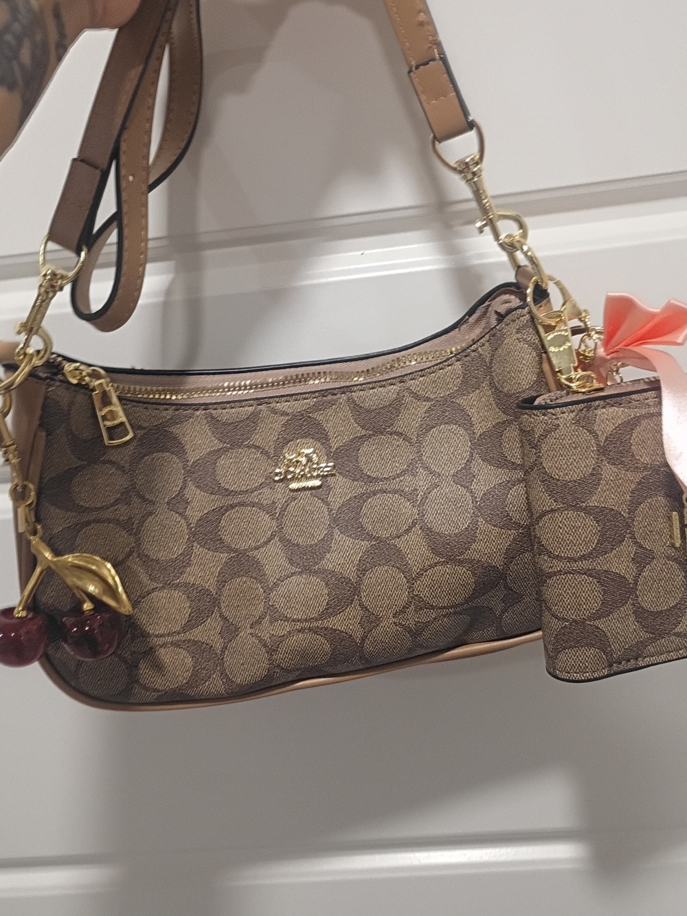 Coach Tan/Brown Signature Canvas Shoulder Bag with Cherry Charm